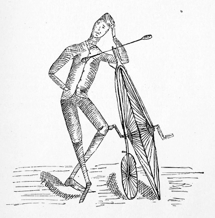 cartoon of a thin man with an old fashioned big-wheeled bike